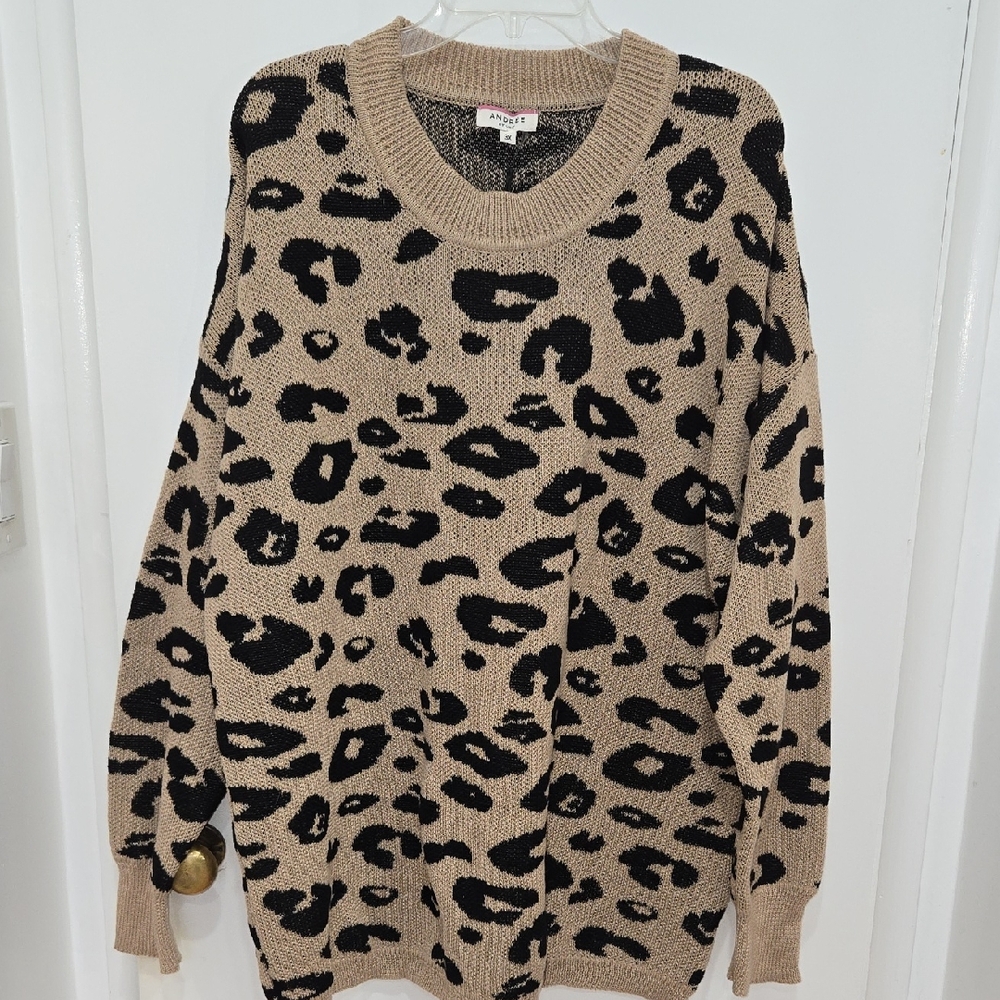 ANDREE BY UNIT Leopard Print Sweater - Tan and Black Size 3X NWT - Picture 1 of 7